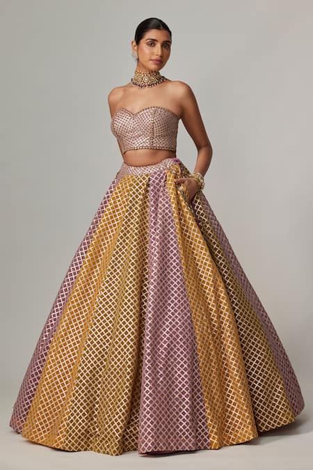 Vvani By Vani Vats Mauve Georgette Gota Patti Sweetheart Neck Mustard Corset Lehenga Set Online at Aza Fashions Vvani By Vani Vats_Mauve Georgette Gota Patti Sweetheart Neck Mustard Corset Lehenga Set _Online_at_Aza_Fashions