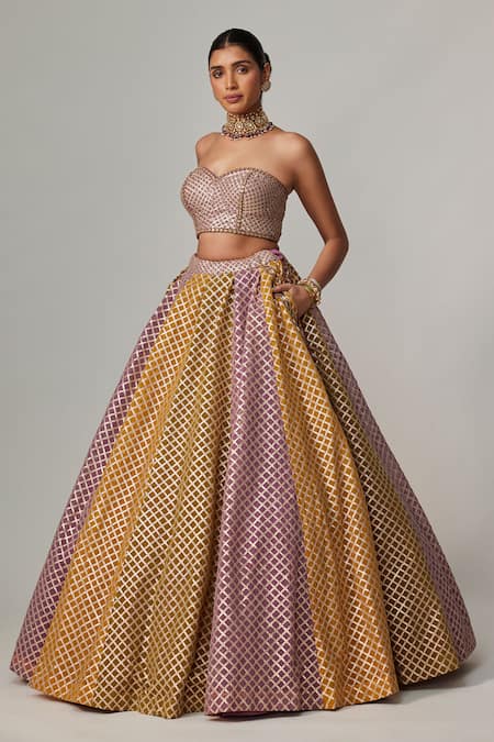 Buy Vvani By Vani Vats Mauve Georgette Gota Patti Sweetheart Neck Mustard Corset Lehenga Set Online at Aza Fashions Buy_Vvani By Vani Vats_Mauve Georgette Gota Patti Sweetheart Neck Mustard Corset Lehenga Set _Online_at_Aza_Fashions