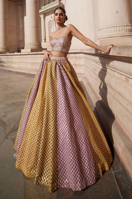 Vvani By Vani Vats Mustard Georgette, Organza Embroidery, Gota Patti Corset Skirt With Dupatta Set at Aza Fashions Vvani By Vani Vats_Mustard Georgette, Organza Embroidery, Gota Patti Corset Skirt With Dupatta Set _at_Aza_Fashions