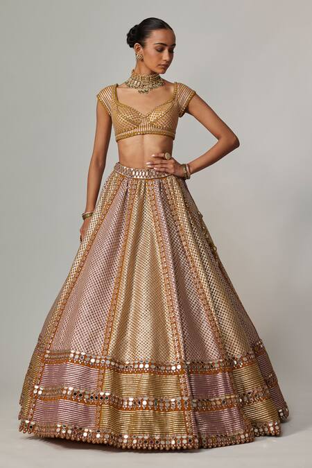 Buy_Vvani By Vani Vats_Multi Color Georgette, Organza Sequins, Gota Mustard Heavy Metallic Lehenga Set _Online_at_Aza_Fashions