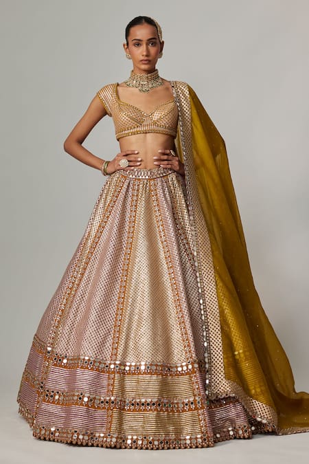 Vvani by Vani Vats Multi Color Georgette, Organza Sequins, Gota Mustard Heavy Metallic Lehenga Set 