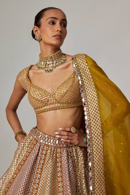 Shop_Vvani By Vani Vats_Multi Color Georgette, Organza Sequins, Gota Mustard Heavy Metallic Lehenga Set _Online_at_Aza_Fashions