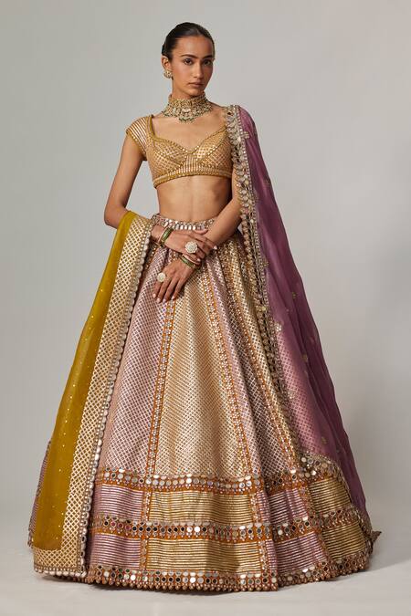 Shop Vvani By Vani Vats Multi Color Georgette, Organza Mustard Multicolor Heavy Metallic Lehenga Set Online at Aza Fashions Shop_Vvani By Vani Vats_Multi Color Georgette, Organza Mustard Multicolor Heavy Metallic Lehenga Set _Online_at_Aza_Fashions