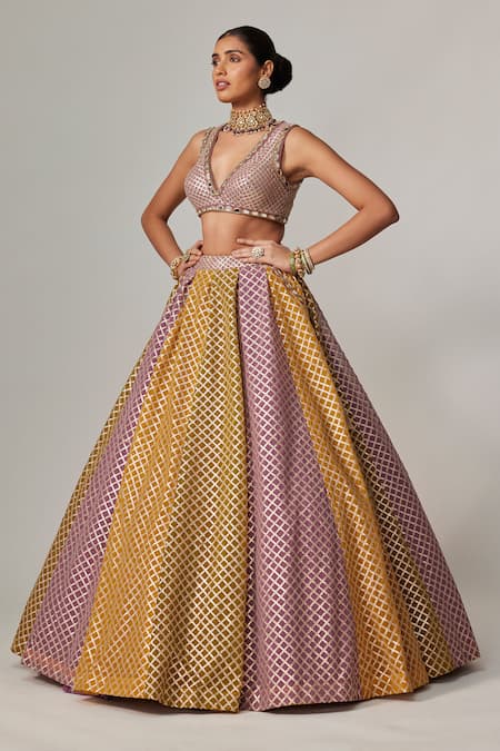 Vvani by Vani Vats Multi Color Georgette Gota Patti V-neck Multicolor Lehenga Set With Crop Top 