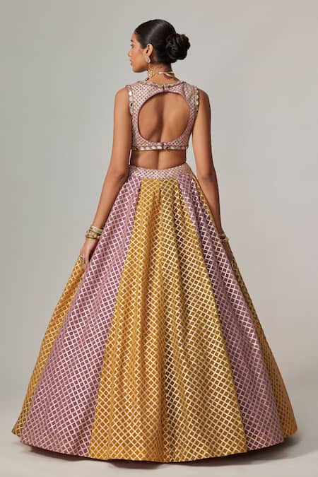 Shop Vvani By Vani Vats Multi Color Georgette Gota Patti V-neck Multicolor Lehenga Set With Crop Top at Aza Fashions Shop_Vvani By Vani Vats_Multi Color Georgette Gota Patti V-neck Multicolor Lehenga Set With Crop Top _at_Aza_Fashions
