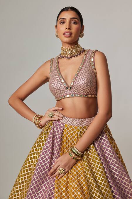 Vvani By Vani Vats Multi Color Georgette Gota Patti V-neck Multicolor Lehenga Set With Crop Top Online at Aza Fashions Vvani By Vani Vats_Multi Color Georgette Gota Patti V-neck Multicolor Lehenga Set With Crop Top _Online_at_Aza_Fashions