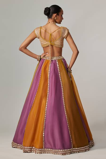 Shop Vvani By Vani Vats Mustard Organza, Georgette Gota Patti Plunge Neck Multicolor Linear Lehenga Set at Aza Fashions Shop_Vvani By Vani Vats_Mustard Organza, Georgette Gota Patti Plunge Neck Multicolor Linear Lehenga Set _at_Aza_Fashions