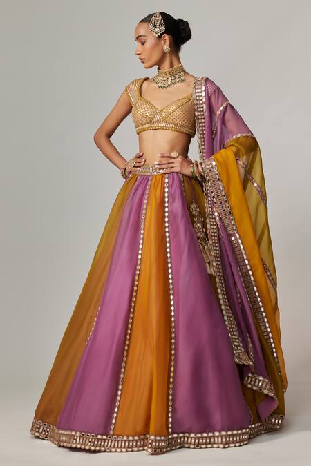 Vvani By Vani Vats Mustard Organza, Georgette Gota Patti Plunge Neck Multicolor Linear Lehenga Set Online at Aza Fashions Vvani By Vani Vats_Mustard Organza, Georgette Gota Patti Plunge Neck Multicolor Linear Lehenga Set _Online_at_Aza_Fashions