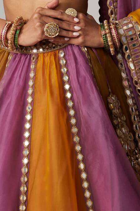 Buy Vvani By Vani Vats Mustard Organza, Georgette Gota Patti Plunge Neck Multicolor Linear Lehenga Set Online at Aza Fashions Buy_Vvani By Vani Vats_Mustard Organza, Georgette Gota Patti Plunge Neck Multicolor Linear Lehenga Set _Online_at_Aza_Fashions