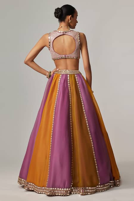 Shop_Vvani By Vani Vats_Multi Color Organza, Georgette Gota Patti V-neck Multicolor Linear Lehenga Set _at_Aza_Fashions