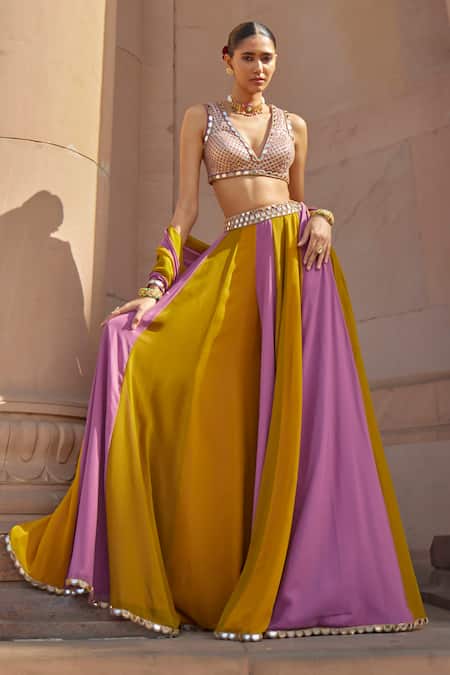 Vvani By Vani Vats_Multi Color Organza, Georgette Gota Patti V-neck Multicolor Linear Lehenga Set _Online_at_Aza_Fashions