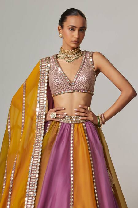 Buy_Vvani By Vani Vats_Multi Color Organza, Georgette Gota Patti V-neck Multicolor Linear Lehenga Set _Online_at_Aza_Fashions