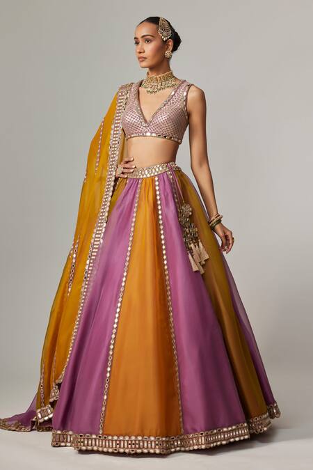 Shop_Vvani By Vani Vats_Multi Color Organza, Georgette Gota Patti V-neck Multicolor Linear Lehenga Set _Online_at_Aza_Fashions