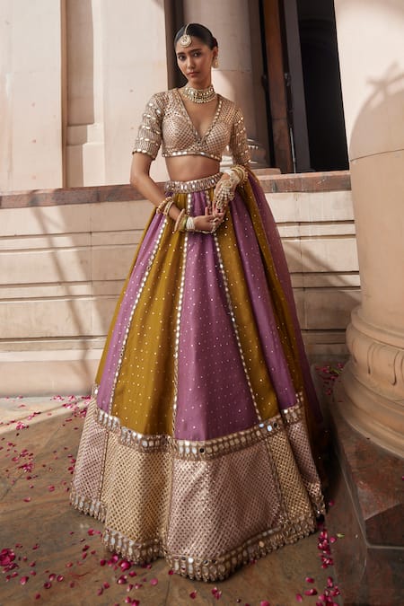 Vvani by Vani Vats Multi Color Organza, Georgette Sequins, Multicolor Embroidered Lehenga Set 