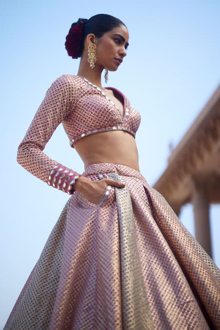 Vvani By Vani Vats Blush Georgette Gota Patti V-neck Multicolor Embroidered Lehenga Set Online at Aza Fashions Vvani By Vani Vats_Blush Georgette Gota Patti V-neck Multicolor Embroidered Lehenga Set _Online_at_Aza_Fashions