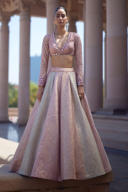 Buy Vvani By Vani Vats Blush Georgette Gota Patti V-neck Multicolor Embroidered Lehenga Set Online at Aza Fashions Buy_Vvani By Vani Vats_Blush Georgette Gota Patti V-neck Multicolor Embroidered Lehenga Set _Online_at_Aza_Fashions