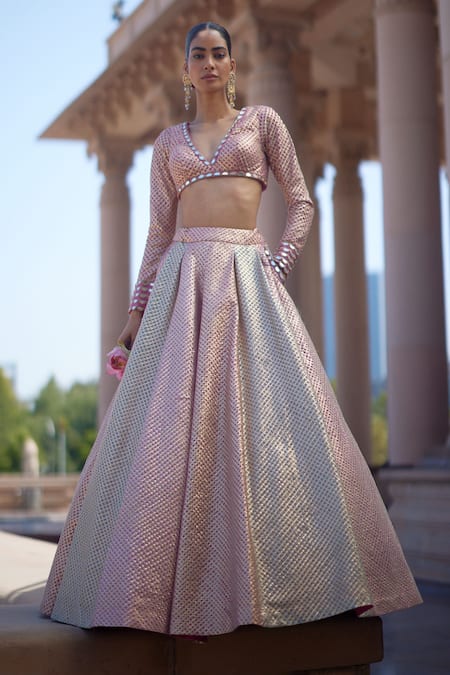 Shop Vvani By Vani Vats Blush Georgette Gota Patti V-neck Multicolor Embroidered Lehenga Set Online at Aza Fashions Shop_Vvani By Vani Vats_Blush Georgette Gota Patti V-neck Multicolor Embroidered Lehenga Set _Online_at_Aza_Fashions