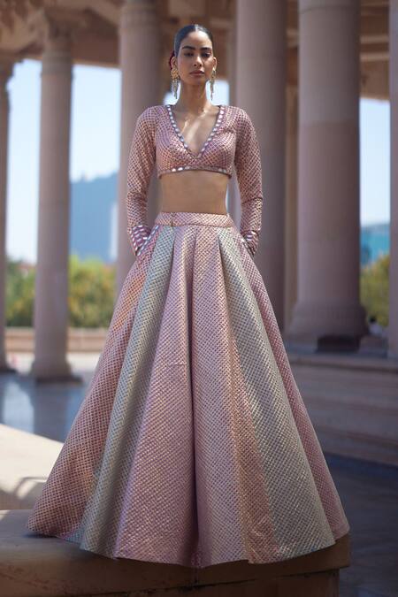 Vvani By Vani Vats Blush Georgette Gota Patti V-neck Multicolor Embroidered Lehenga Set at Aza Fashions Vvani By Vani Vats_Blush Georgette Gota Patti V-neck Multicolor Embroidered Lehenga Set _at_Aza_Fashions