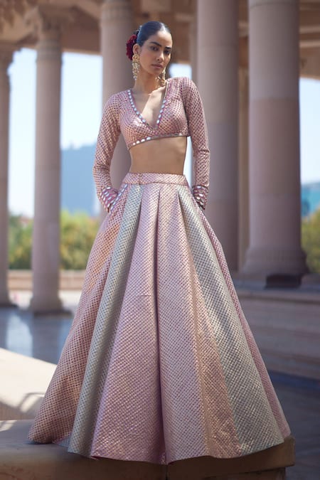 Vvani by Vani Vats Blush Georgette Gota Patti V-neck Multicolor Embroidered Lehenga Set 