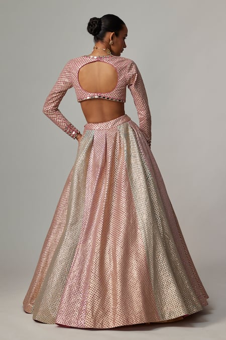 Shop Vvani By Vani Vats Blush Georgette Gota Patti V-neck Multicolor Embroidered Lehenga Set at Aza Fashions Shop_Vvani By Vani Vats_Blush Georgette Gota Patti V-neck Multicolor Embroidered Lehenga Set _at_Aza_Fashions