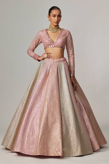 Buy Vvani By Vani Vats Blush Georgette Gota Patti V-neck Multicolor Embroidered Lehenga Set Buy_Vvani By Vani Vats_Blush Georgette Gota Patti V-neck Multicolor Embroidered Lehenga Set