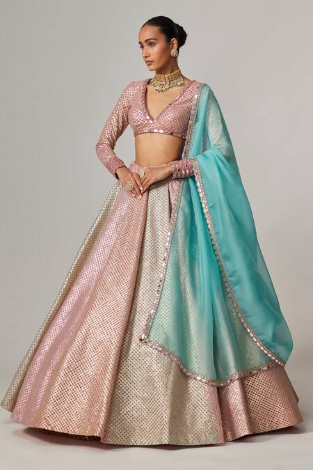 Buy_Vvani By Vani Vats_Multi Color Georgette, Organza Gota Multicolor Lehenga Set With Aqua Dupatta _Online_at_Aza_Fashions