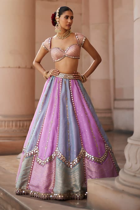 Buy_Vvani By Vani Vats_Multi Color Organza, Georgette Sequins, Gota Multicolor Embroidered Lehenga Set _Online_at_Aza_Fashions
