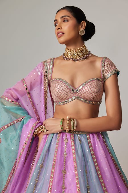 Buy_Vvani By Vani Vats_Multi Color Organza, Georgette Sequins, Gota Multicolor Embroidered Lehenga Set 