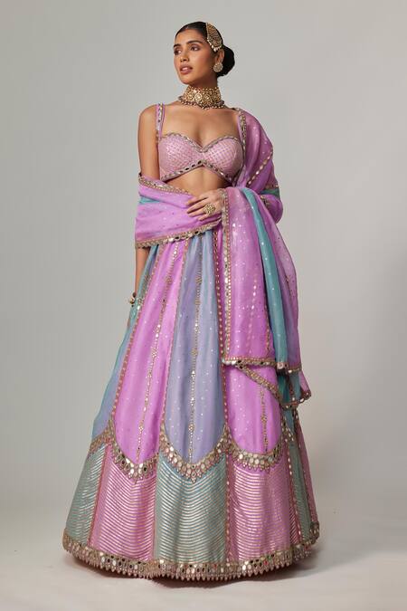 Buy_Vvani By Vani Vats_Multi Color Organza, Georgette Sequins, Gota Patti Multicolor Lehenga Set _Online_at_Aza_Fashions