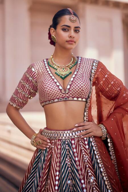 Buy Vvani By Vani Vats Multi Color Georgette, Organza Cranberry Multicolor Linear Flower Lehenga Set Online at Aza Fashions Buy_Vvani By Vani Vats_Multi Color Georgette, Organza Cranberry Multicolor Linear Flower Lehenga Set _Online_at_Aza_Fashions