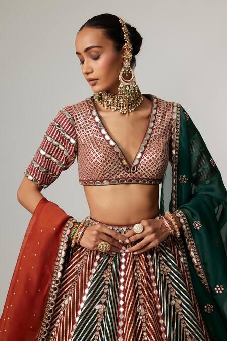 Buy Vvani By Vani Vats Multi Color Georgette, Organza Cranberry Multicolor Linear Flower Lehenga Set Buy_Vvani By Vani Vats_Multi Color Georgette, Organza Cranberry Multicolor Linear Flower Lehenga Set