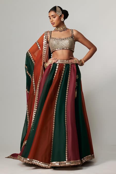 Shop_Vvani By Vani Vats_Multi Color Organza, Georgette Gota Patti, Cranberry Multicolor Lehenga Set _at_Aza_Fashions
