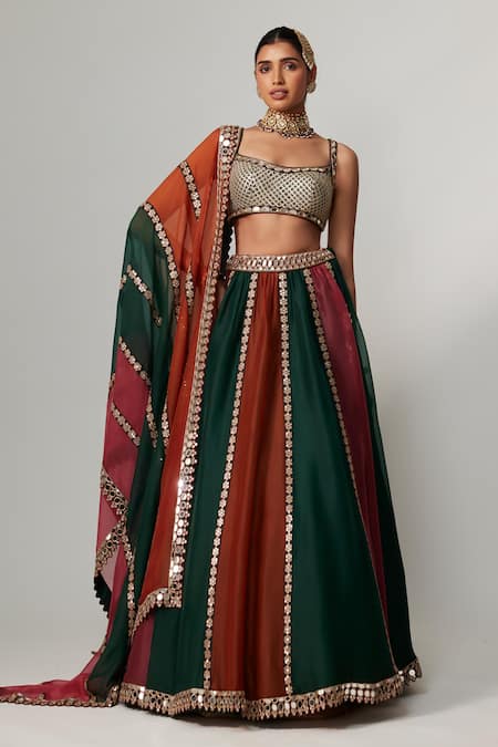 Vvani By Vani Vats_Multi Color Organza, Georgette Gota Patti, Cranberry Multicolor Lehenga Set _Online_at_Aza_Fashions
