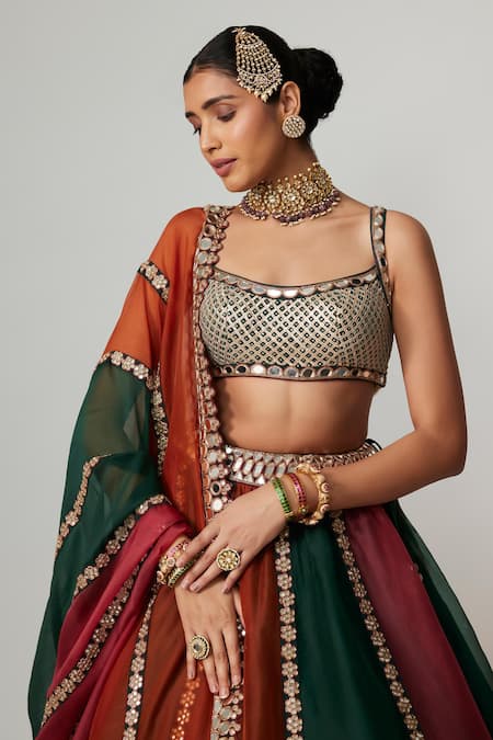 Shop_Vvani By Vani Vats_Multi Color Organza, Georgette Gota Patti, Cranberry Multicolor Lehenga Set _Online_at_Aza_Fashions