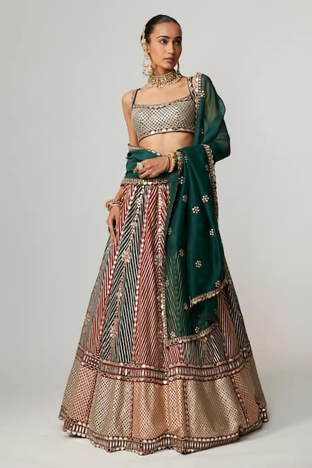 Vvani by Vani Vats Multi Color Georgette, Organza Cranberry Multicolor Linear Flower Lehenga Set 