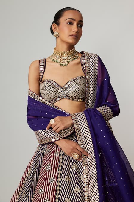 Buy_Vvani By Vani Vats_Multi Color Georgette, Organza Gota Patti, Teal Wine Multicolor Lehenga Set _Online_at_Aza_Fashions