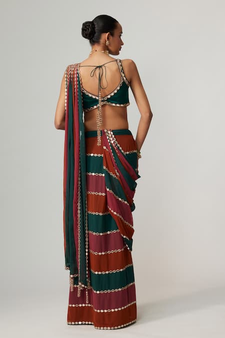 Vvani By Vani Vats Cranberry Multicolor Pre-Draped Saree Set 