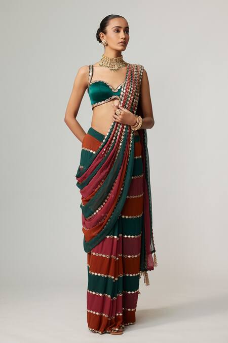 Vvani By Vani Vats_Multi Color Georgette, Satin Mirrors Cranberry Multicolor Pre-draped Saree Set _Online_at_Aza_Fashions