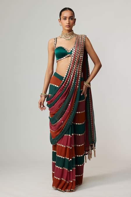 Buy_Vvani By Vani Vats_Multi Color Georgette, Satin Mirrors Cranberry Multicolor Pre-draped Saree Set _Online_at_Aza_Fashions