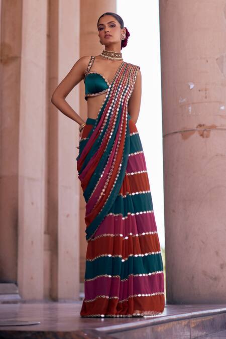 Vvani By Vani Vats_Multi Color Georgette, Satin Mirrors Cranberry Multicolor Pre-draped Saree Set _at_Aza_Fashions
