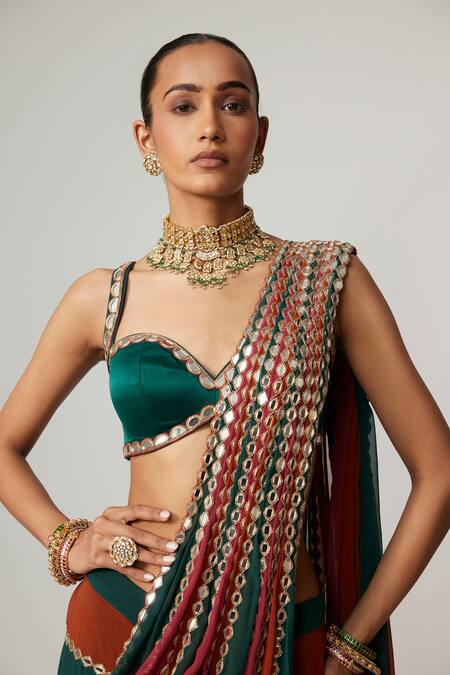 Buy_Vvani By Vani Vats_Multi Color Georgette, Satin Mirrors Cranberry Multicolor Pre-draped Saree Set 