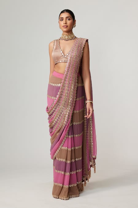 Vvani By Vani Vats_Multi Color Georgette, Satin Mirrors Mud Mauve Multicolor Pre-draped Saree Set _Online_at_Aza_Fashions