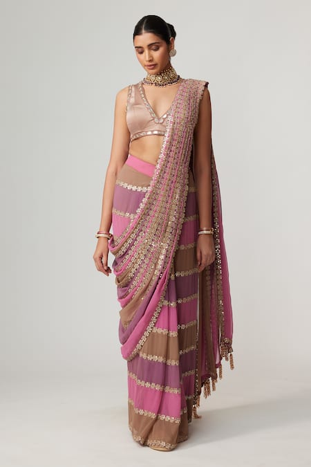 Buy_Vvani By Vani Vats_Multi Color Georgette, Satin Mirrors Mud Mauve Multicolor Pre-draped Saree Set _Online_at_Aza_Fashions