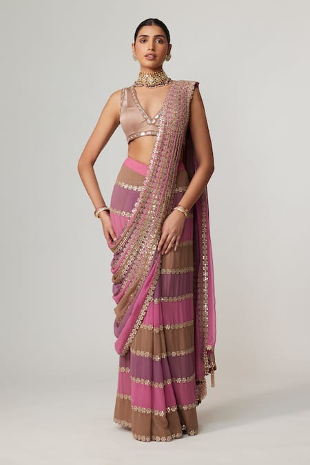 Shop_Vvani By Vani Vats_Multi Color Georgette, Satin Mirrors Mud Mauve Multicolor Pre-draped Saree Set _Online_at_Aza_Fashions