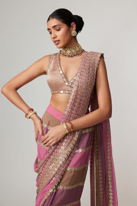 Vvani By Vani Vats_Multi Color Georgette, Satin Mirrors Mud Mauve Multicolor Pre-draped Saree Set _at_Aza_Fashions