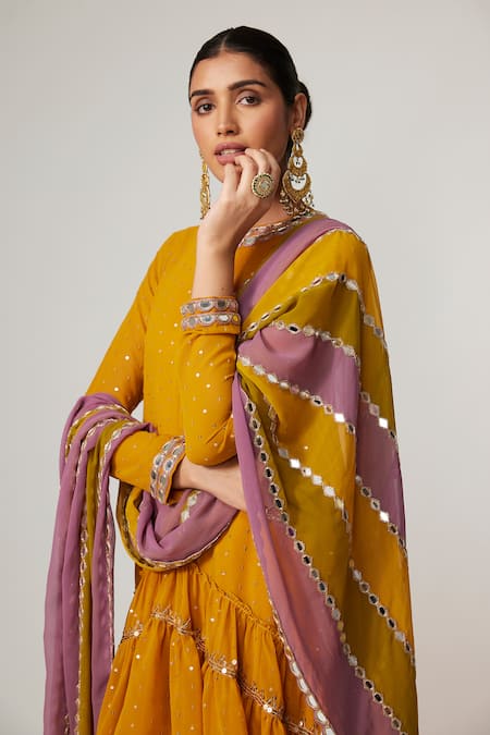 Shop_Vvani By Vani Vats_Yellow Georgette, Crepe Sequins, Mirrors Round Mustard Embroidered Kurta Set _at_Aza_Fashions