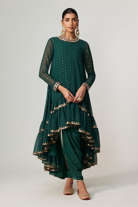 Vvani by Vani Vats Green Georgette, Crepe Sequins Round Neck Jade Embroidered Kurta Set 