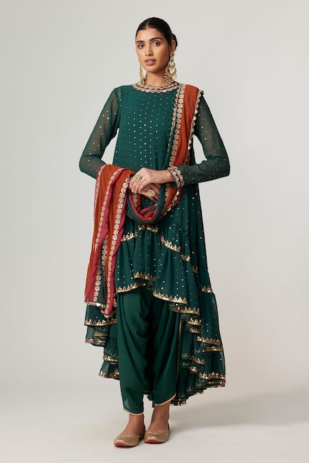 Vvani by Vani Vats Green Georgette, Crepe Sequins, Mirrors, Jade Dhoti Kurta With Dupatta Set 