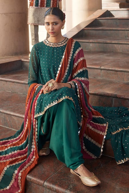 Shop Vvani By Vani Vats Green Georgette, Crepe Sequins, Mirrors, Jade Dhoti Kurta With Dupatta Set at Aza Fashions Shop_Vvani By Vani Vats_Green Georgette, Crepe Sequins, Mirrors, Jade Dhoti Kurta With Dupatta Set _at_Aza_Fashions