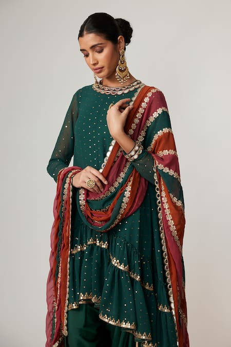 Vvani By Vani Vats Green Georgette, Crepe Sequins, Mirrors, Jade Dhoti Kurta With Dupatta Set Online at Aza Fashions Vvani By Vani Vats_Green Georgette, Crepe Sequins, Mirrors, Jade Dhoti Kurta With Dupatta Set _Online_at_Aza_Fashions